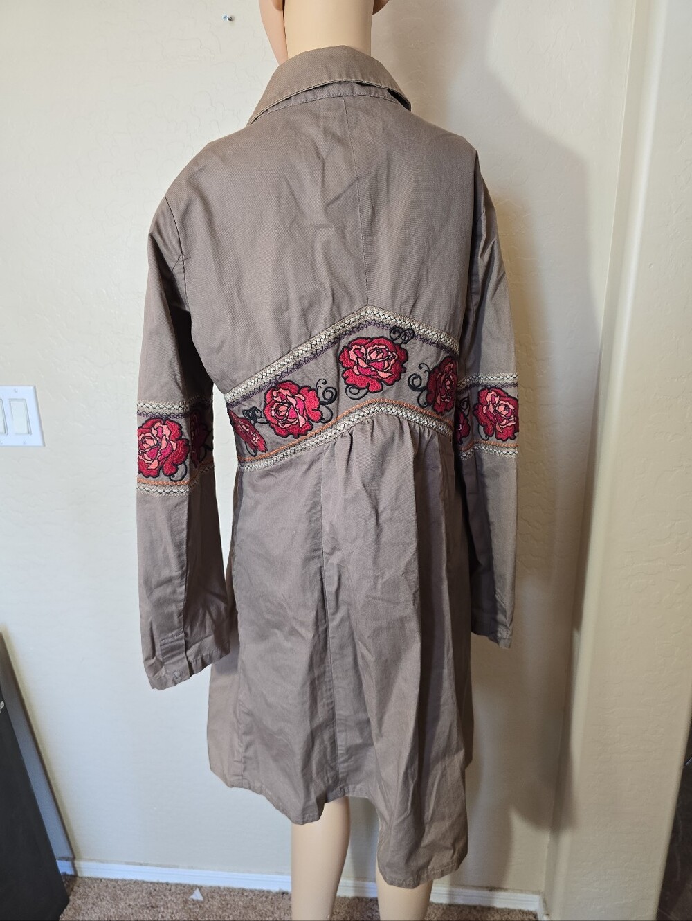 ODD MOLLY Taupe Embroidered Floral Long Coat No Size Tag See Measurements - Picture 6 of 11